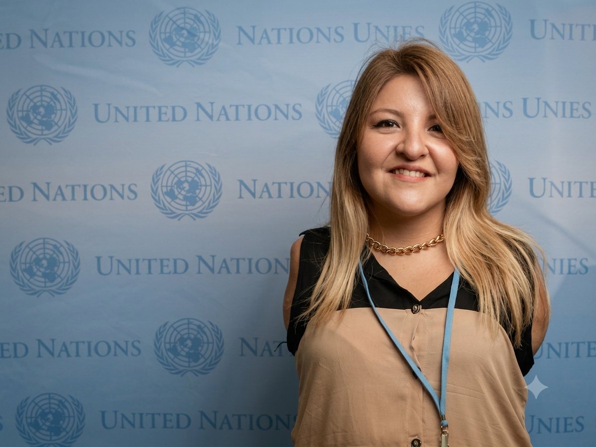Antonela con credencial frente a un backdrop de las Naciones Unidas