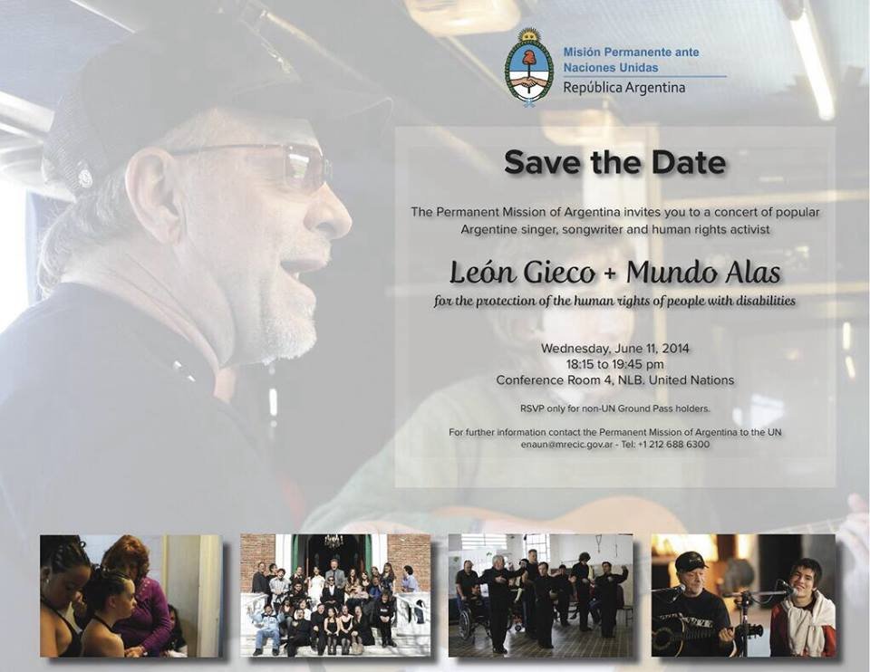 Invitación oficial al concierto de León Gieco y Mundo Alas en la ONU, 2014