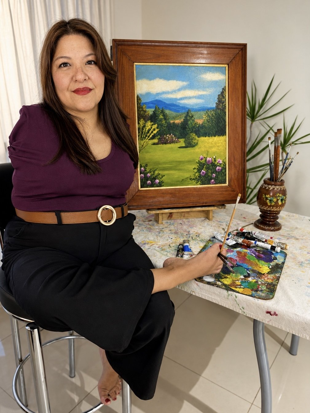 Antonella en su taller junto a un paisaje en caballete