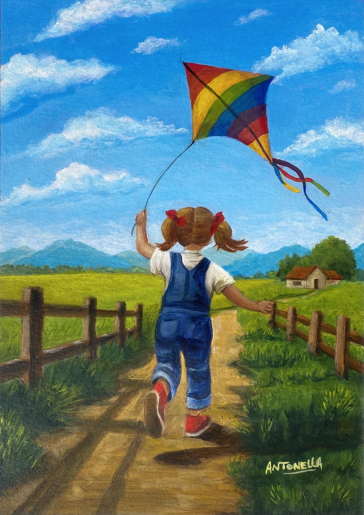 Barrilete, pintura de Antonella Semaán: una nena de overol azul corre por un camino de tierra remontando un barrilete de colores
