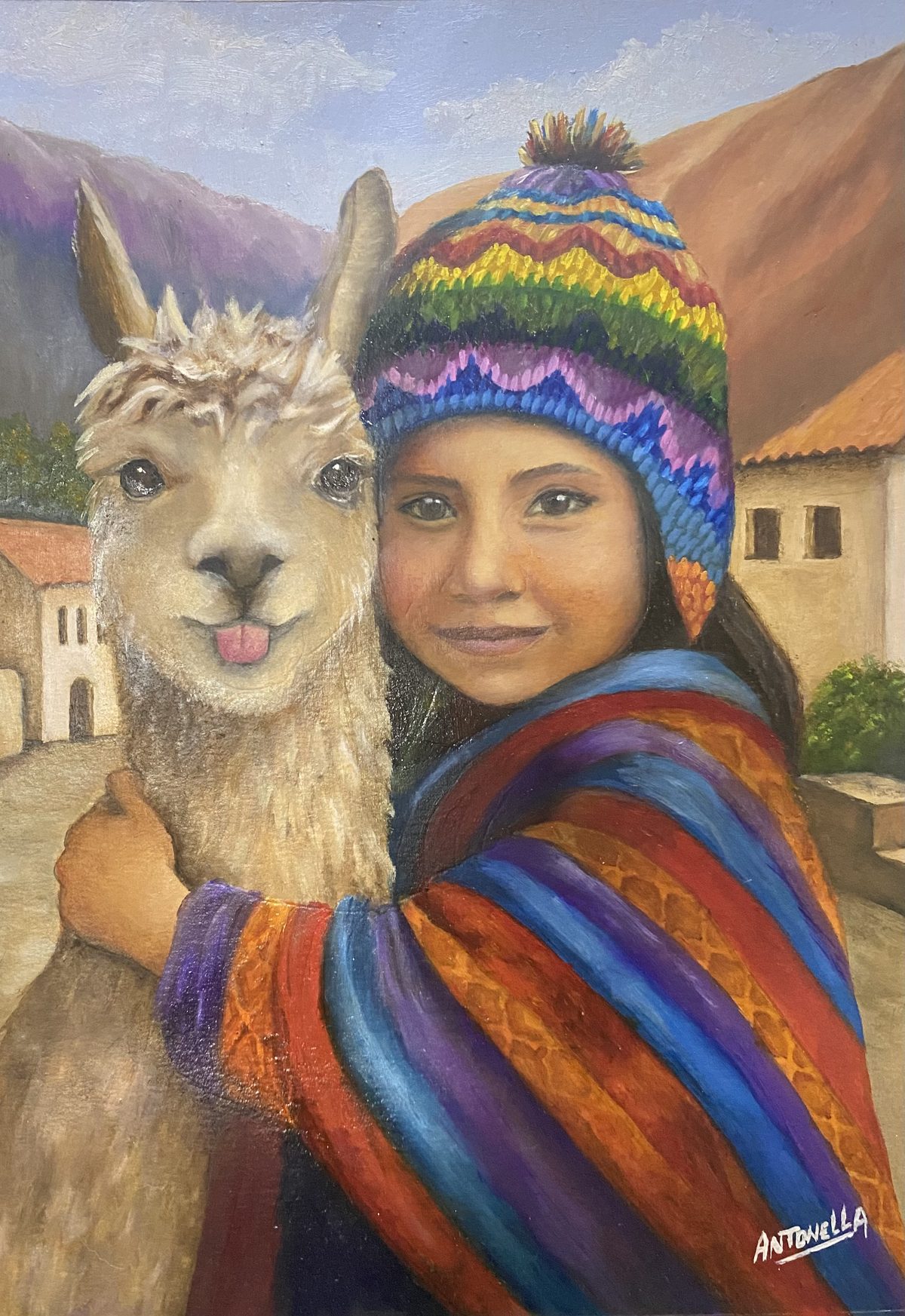 Altiplano, pintura de Antonella Semaán: una nena con gorro de lana y poncho a rayas abrazada a una llama, con cerros de fondo