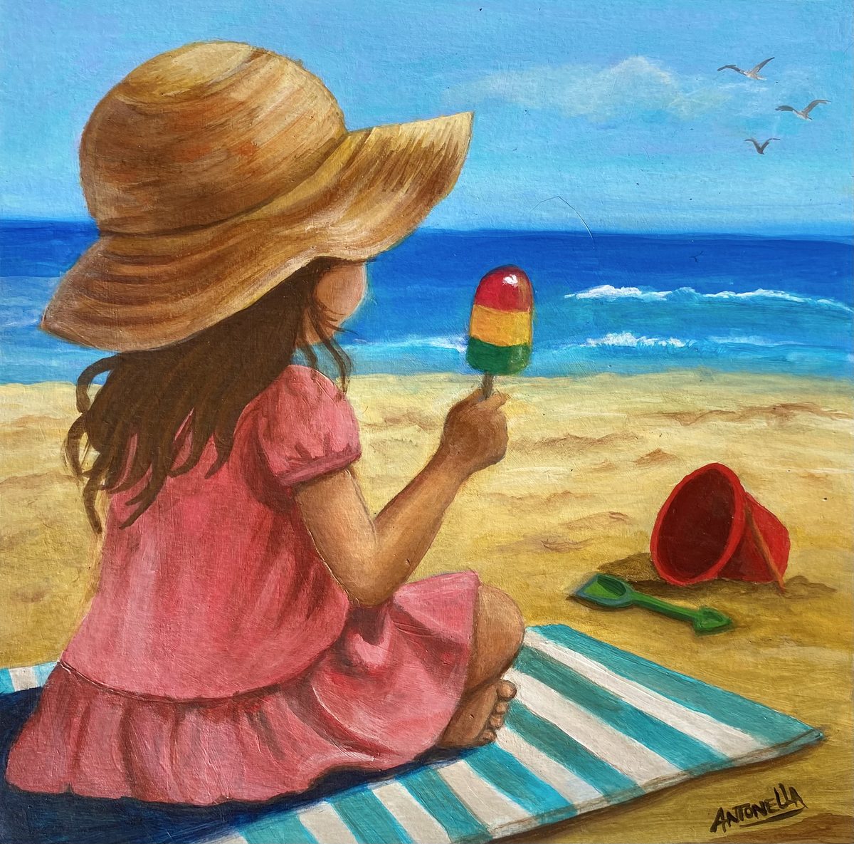Verano, pintura de Antonella Semaán: una nena de sombrero de paja sentada en la arena mira el mar con un helado en la mano