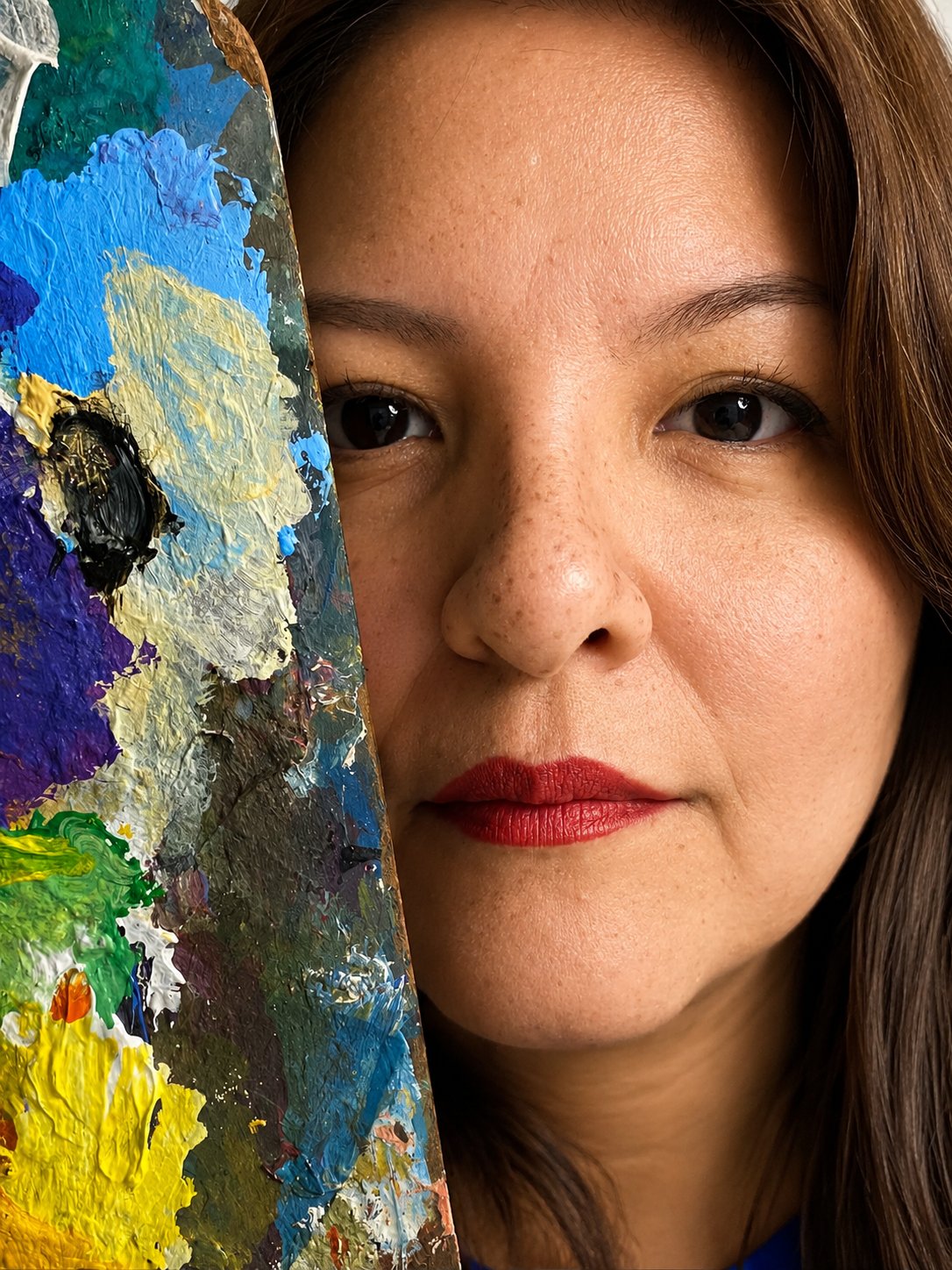 Retrato de Antonella Semaan con una paleta de óleos cubriéndole la mitad del rostro