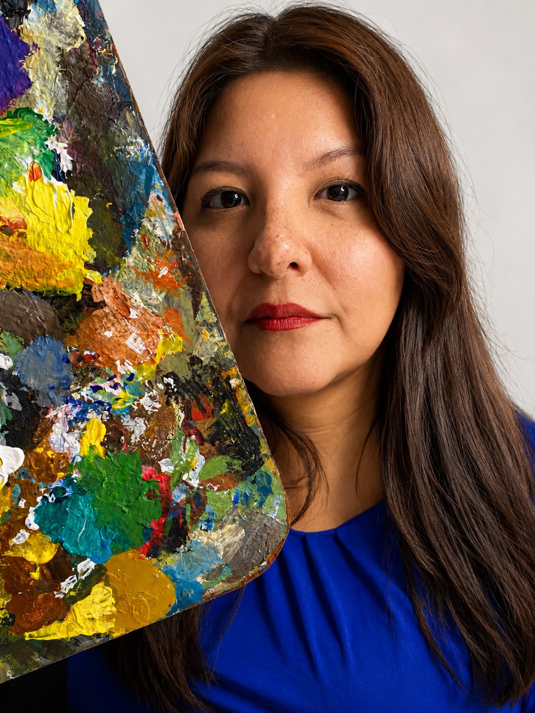 Retrato de Antonella con blusa azul sosteniendo su paleta de pintora