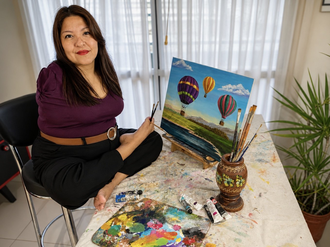 Antonella sonriendo en su taller junto a una obra de globos aerostáticos